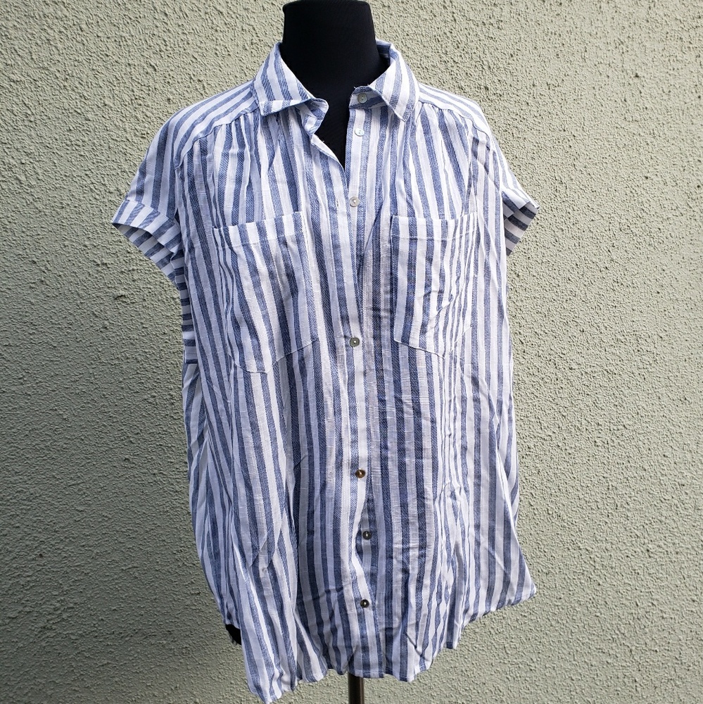 Suzanne Betro Blue & White Stripe Linen Blend Top